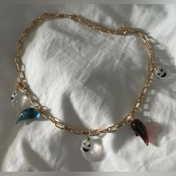 “Happy Lil Ghost” Multicolor Glass Whimsy Halloween Goth Spirit Spectre Necklace - Picture 7 of 7